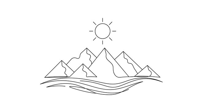 Stylized mountain range with sun and water illustration