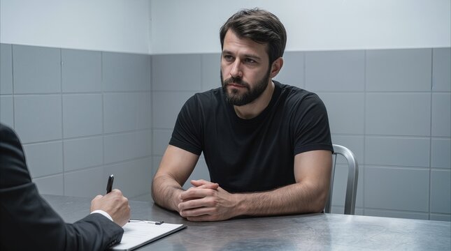 Suspect listening to investigator during questioning in interrogation room. Serious man in black t-shirt sitting at metal table while detective takes notes on clipboard.