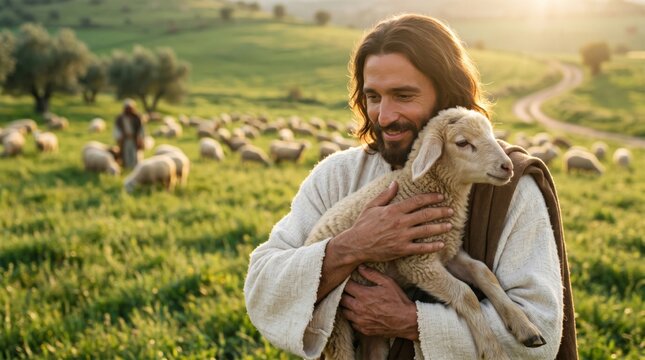 Jesus Christ holding a small lamb in a green field with a flock of sheep. Biblical religious scene depicting the Good Shepherd. Christian faith, spiritual devotion, and peace concept.
