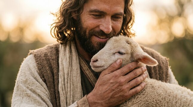 Man as a shepherd holding a lamb in arms. Religious concept of the Good Shepherd. Biblical character with sheep in traditional clothing. Symbol of guidance, care, love and protection.