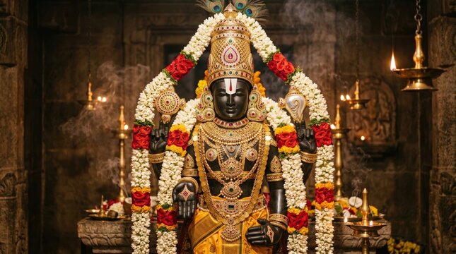 Statue of Lord Venkateswara decorated with flower garlands and gold jewelry in a temple. Religious Hindu deity sculpture. Spiritual worship and tradition in Indian culture concept.