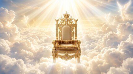 Obraz premium Golden throne floating in bright clouds. Majestic seat of power in heaven surrounded by shining light and angelic figures. Symbolic representation of divine authority and kingdom.