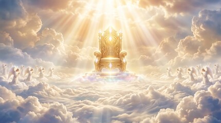 Obraz premium Golden throne floating in clouds with praying angels. Divine seat of power in heaven surrounded by light rays. Religious concept of majesty and glory for spiritual worship theme.