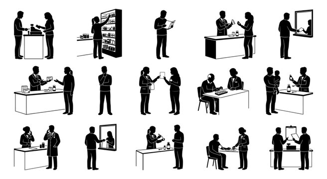Pharmacy silhouettes showing pharmacist and patient interactions during medical consultation | Drugstore vector icon set