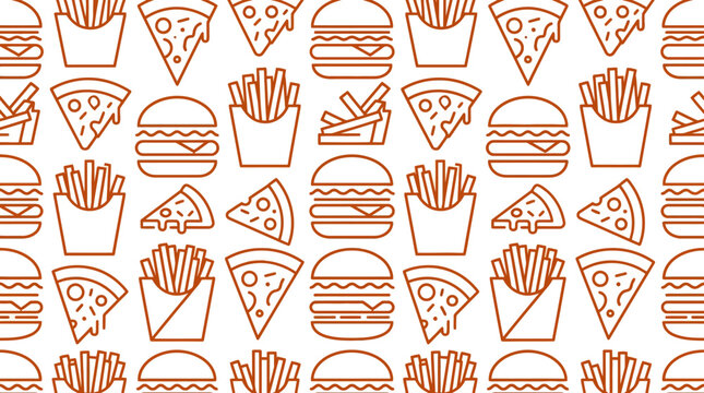 A variety of fast food items including pizza, burgers, and fries are arranged.