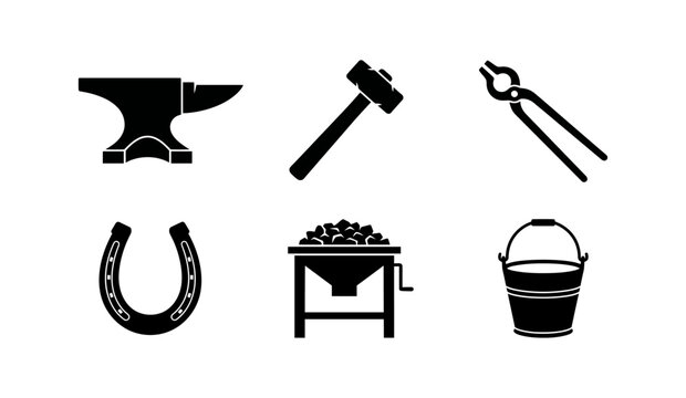 Collection of Blacksmithing Tools and Equipment for Metalworking and Horseshoe Craft