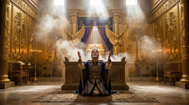 King Solomon praying in ancient temple. Monarch kneeling with raised hand before altar. Biblical scene featuring royalty in golden sanctuary. Religious history, faith and devotion concept.