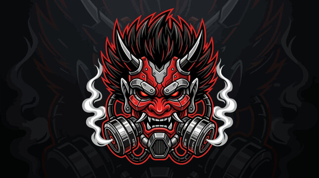 A menacing red demon face with horns and smoke emerges from darkness.
