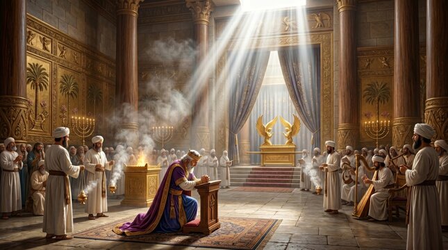 King Solomon praying in the Holy of Holies inside the ancient Temple of Jerusalem. Religious gathering with priests offering incense and music. Historical biblical scene of piety.