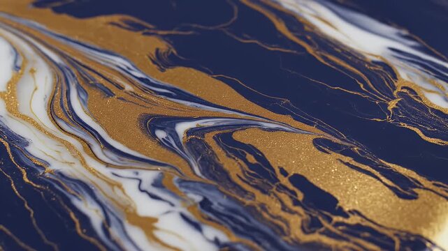 A close-up showcases a luxurious abstract design featuring swirling patterns of deep blue, shimmering gold, and crisp white, evoking a sense of opulence and artistic expression.