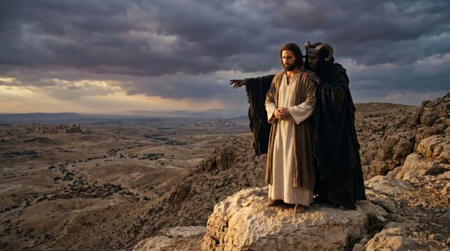 Man representing Jesus and horned demon standing on desert mountain cliff. Biblical temptation scene in wilderness. Concept of spiritual battle between good and evil, faith and darkness.