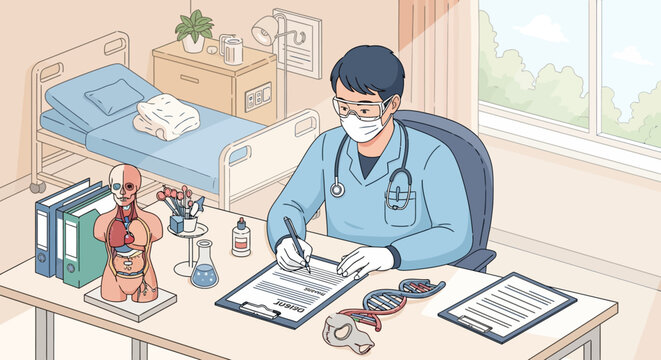 Doctor working at desk in clinic with patient bed in background.