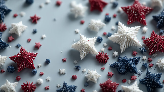 minimal 4th of July concept, elegant patriotic shapes, subtle fireworks, stars and stripes, modern clean composition