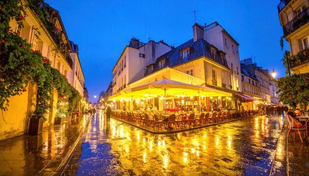 Rainy Paris street scene at night with illuminated cafe and reflections on wet pavement