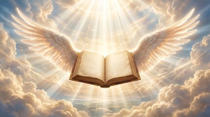 Obraz premium Open book with angel wings floating in golden heavenly clouds. Spiritual publication illuminated by divine rays of light. Religious concept of enlightenment, wisdom and holy gospel.