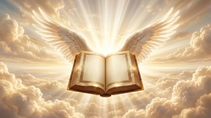 Obraz premium Open book with angel wing flying in sky with bright light. Religious concept featuring holy scripture with wings in golden glowing clouds. Symbol of spiritual peace and divine wisdom.