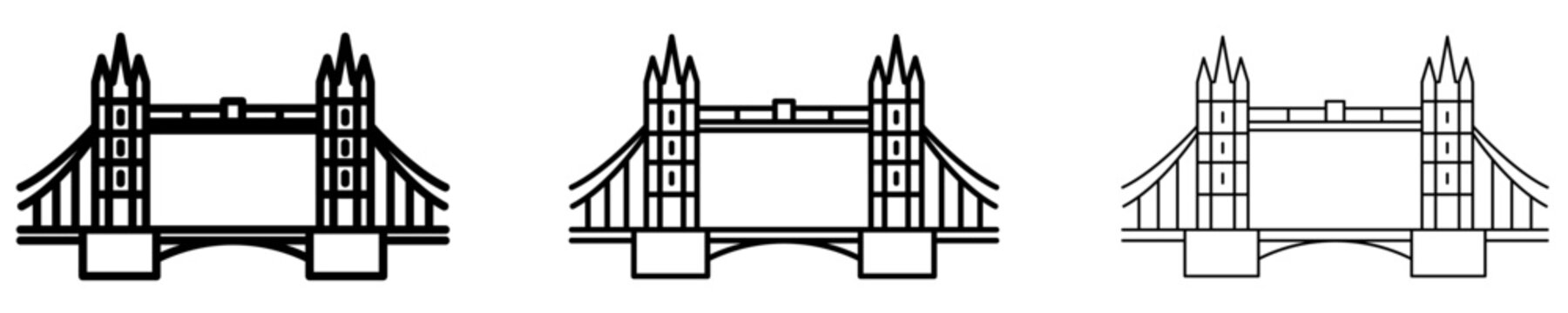 Set of Tower Bridge icons, symbols for London, architecture, and tourism.