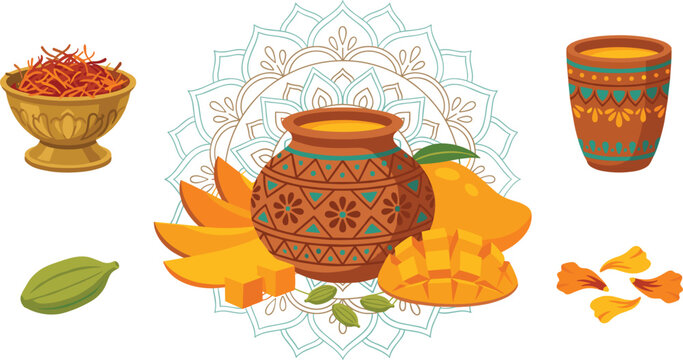 Indian mango lassi preparation vector set with clay pot saffron and cardamomIndian mango lassi preparation vector set with clay pot saffron and cardamom