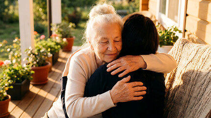Fototapeta premium An elderly woman with warmly hugs her daughter on a sunny wooden porch at home. Both sharing a tender moment of affection and kinship 