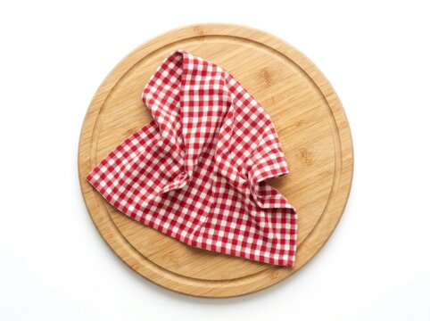 Gingham napkin on wooden cutting board with soft shadows on white background for food blog marketing and kitchenware advertising