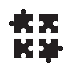 Fototapeta premium Four black jigsaw puzzle pieces silhouette. Vector icon isolated on white background representing teamwork, problem solving, and business strategy. 