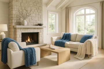 Obraz premium Cozy Scandinavian-style living room with stone fireplace, modern furniture, and soft natural lighting in neutral color palette. Ai generative. Ai generative