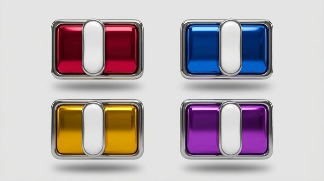 Metallic interface buttons floating on a neutral grey background with sharp macro focus for software development and application design marketing