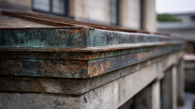Close-up view of weathered copper roof edge with patina and stone base, showcasing architectural details of a historic building exterior