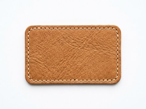 Brown leather patch with white stitching isolated on white background in sharp macro focus for denim apparel branding and fashion mockups