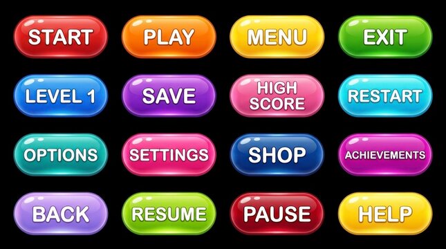 Glossy interface buttons arranged in colorful rows on a black surface with sharp studio focus for mobile game user interface development