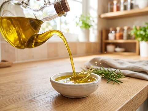 Golden extra virgin olive oil pouring from a cruet