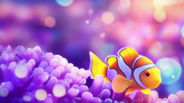 Clownfish swims in purple sea anemone. Colorful underwater world with tiny fish in coral reef scene. Marine life and ocean ecosystem vibrant background concept.
