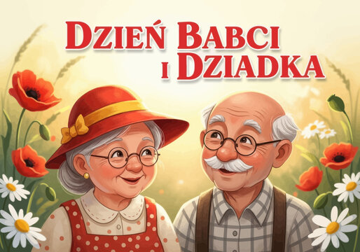 Grandparents day illustration with elderly couple in a flower field