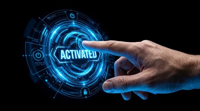 Futuristic activation interface triggered by male hand on black background in sharp macro photography for software security advertising