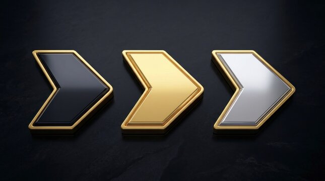 Achievement chevron badges in gold silver and black tiers on dark background with macro focus for gaming reward and loyalty marketing