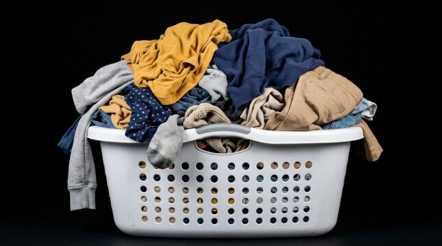 Laundry hamper overflowing with colorful clothing on black background with sharp focus for household service branding and cleaning product marketing