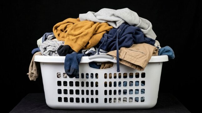 White laundry basket overflowing with colorful clothes on black studio background in sharp focus for domestic services and appliance marketing
