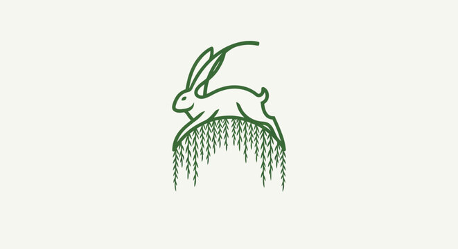Green rabbit silhouette with flowing grass design.