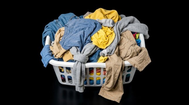 Colorful laundry overflowing a white plastic basket on black studio backdrop with sharp focus for detergent advertising and housekeeping marketing