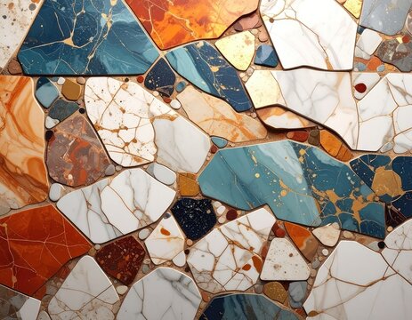 Abstract tessellation of multicolored fractured stone with metallic gold accents