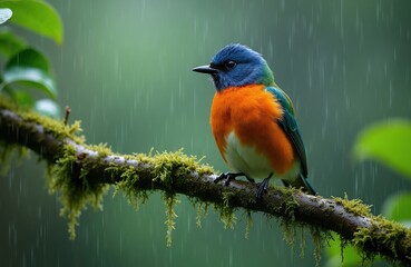 Obraz premium Small colorful bird rests on mossy tree branch during rain shower. Bird has blue head orange chest white belly and green wings. Soft green background blurs with falling rain.