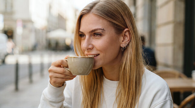  Smiling young woman with piercings drinking coffee at an outdoor cafe