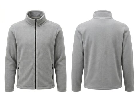 Mens grey fleece jacket presented in front and back ghost mannequin views on white background with sharp focus for clothing retail and e-commerce