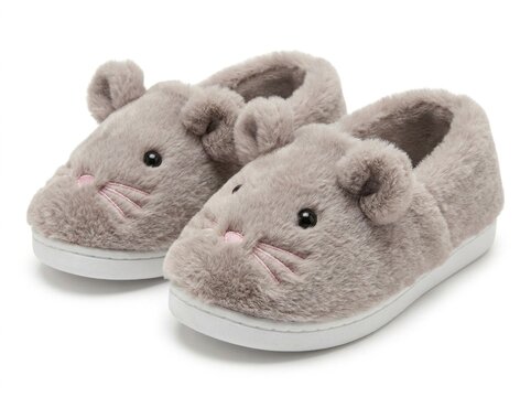 Plush mouse slipper pair resting in studio isolation on white background with sharp focus for children footwear retail marketing