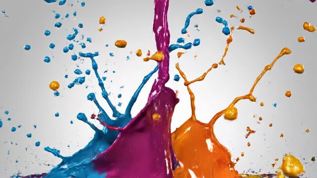 Dynamic explosion of multicolored acrylic paint splashing upwards against a neutral background. Vivid hues of blue, yellow, green, and magenta forming intricate droplets and fluid motion patterns.