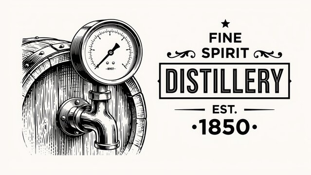Vintage black and white distillery logo with wooden barrel, spigot, and pressure gauge isolated on white background