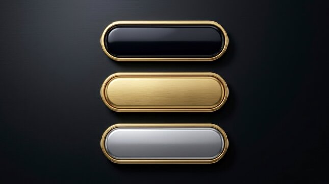 Oblong metallic plaques stacked on dark studio background with gold borders and sharp focus for premium website interface design