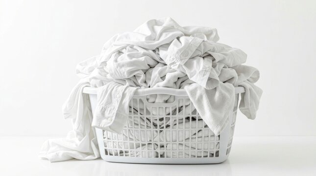 White laundry basket overflowing with clean linens in minimalist studio lighting for household cleaning and domestic services marketing
