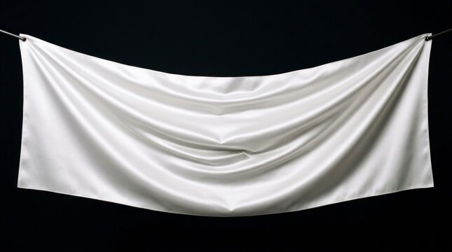 White textile banner suspended in deep folds on black background with sharp focus for luxury event branding and gala marketing