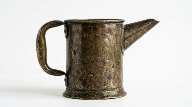 Vintage brass oil can with weathered patina on white background in sharp macro focus for industrial history marketing